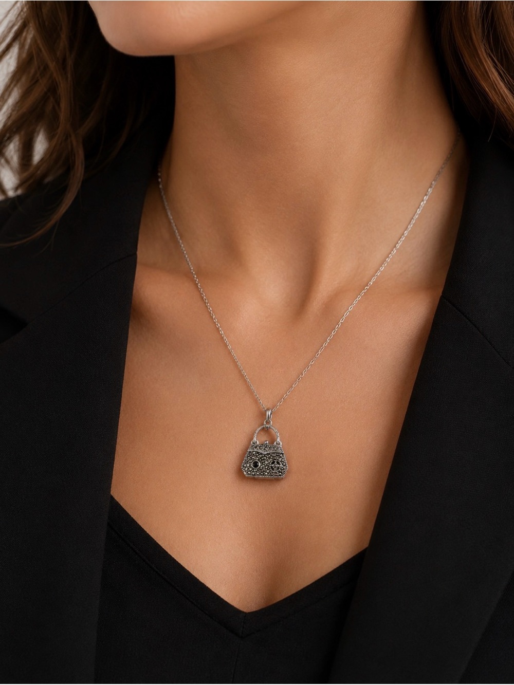 925 Sterling Silver Marcasite Purse Locket Necklace Black Stone NOS Pendant